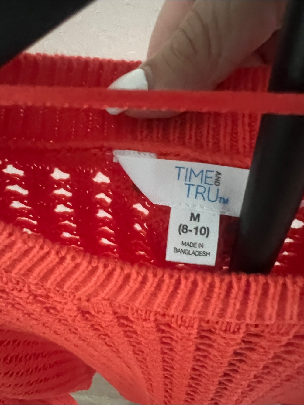 Time and Tru Open-Knit Crewneck Sweater - Bright Orange/Coral Reddish - Picture 2 of 2